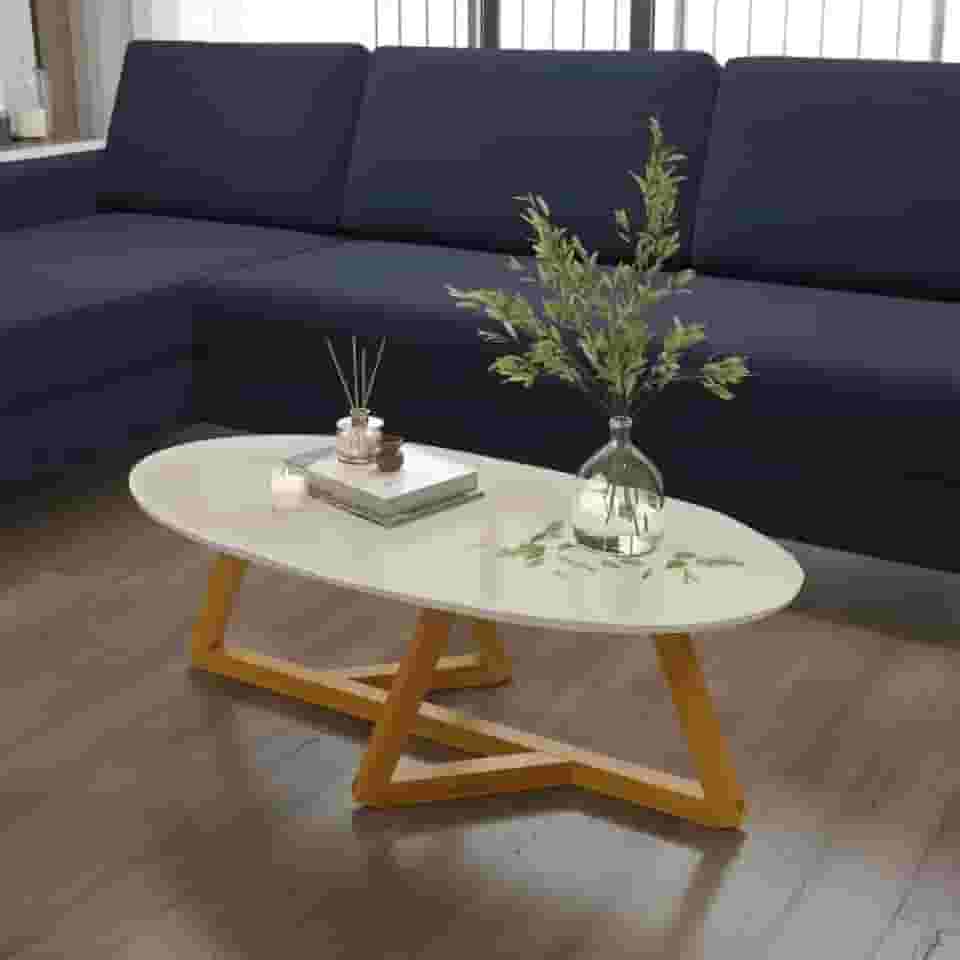Mesa de Centro Oval Moderna, Tampo Off White, Base em Madeira MDF, 90x45x35cm