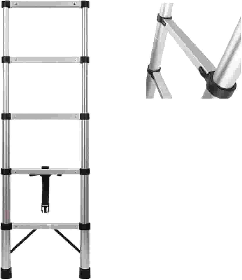 Escada Telescópica 1,8m com 5 Degraus Alumínio Inoxidável, Dobrável e Compacta, Portátil com Travas de Segurança, Antiderrapante, Ideal para Uso Doméstico, Manutenção e Serviços Profissionais
