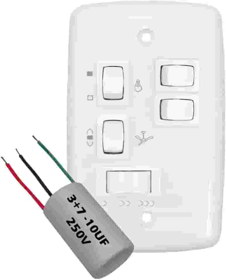 Chave Capacitiva Rima para Ventilador de Teto, 127V, 5 Botões, Controle de 3 Lâmpadas e Velocidade, Branca, com Capacitor 10uF (3+7)