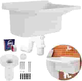 Tanque de Plástico 22L Para Lavanderia Branco + Sifão Copo Universal Sanfonado + Fita Veda Rosca