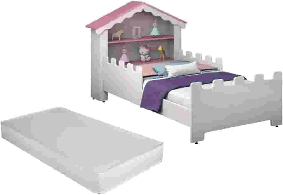 Mini Cama Infantil Casa Magia Quarto Montessoriana Princesa Meninas Com Grade De Proteção Lateral Baby Brinquedos Castelo Com Colchão Cor Branco/Rosa