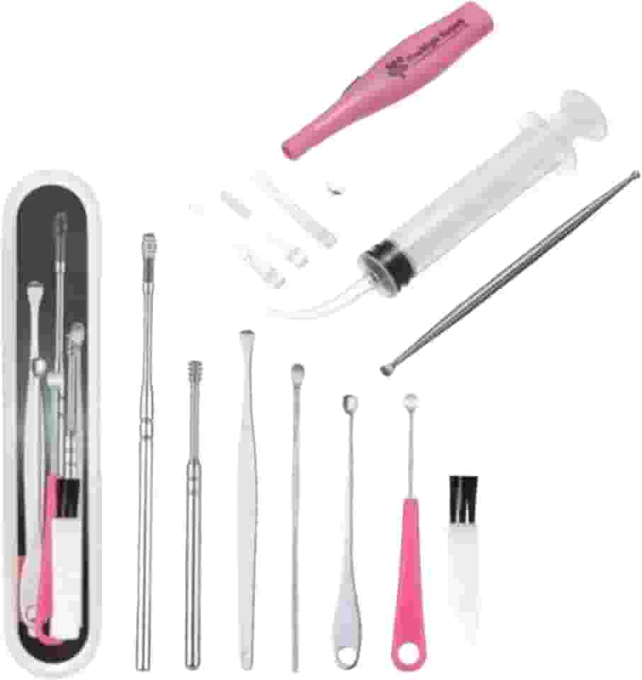 Kit Com 7 Peças Limpeza Auricular Cera Ouvido Orelha Cureta Espátulas + Seringa Lavagem Ouvido
