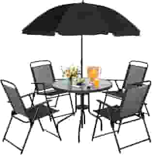 Mesa Redonda de Vidro Life com 4 Cadeiras Dobráveis e Guarda-Sol, Ideal para Áreas Externas e Jantar