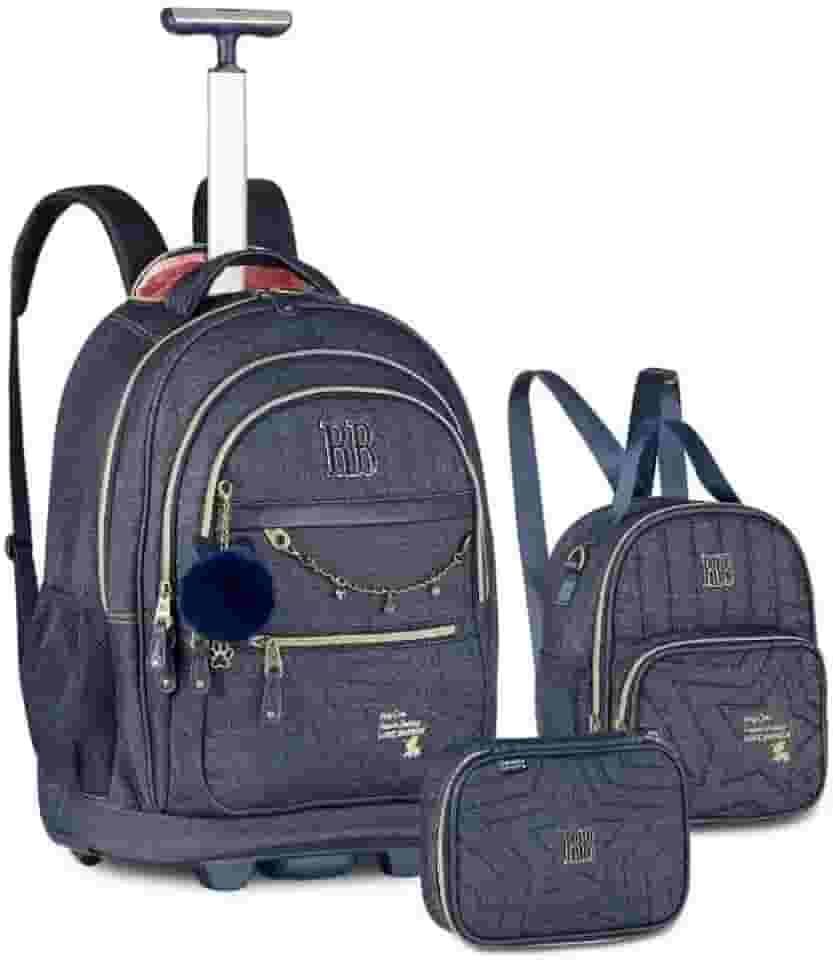Kit Mochila Carrinho Estojo Lancheira Rebecca Bonbon Jeans
