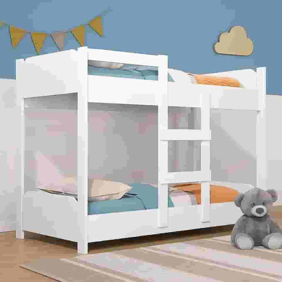 Beliche Infantil 100% MDF com Minicama na Parte Inferior Possui Escada de Acesso Grade de Proteção Reforçada e Design Compacto para Otimizar Espaços com Conforto (Branco)
