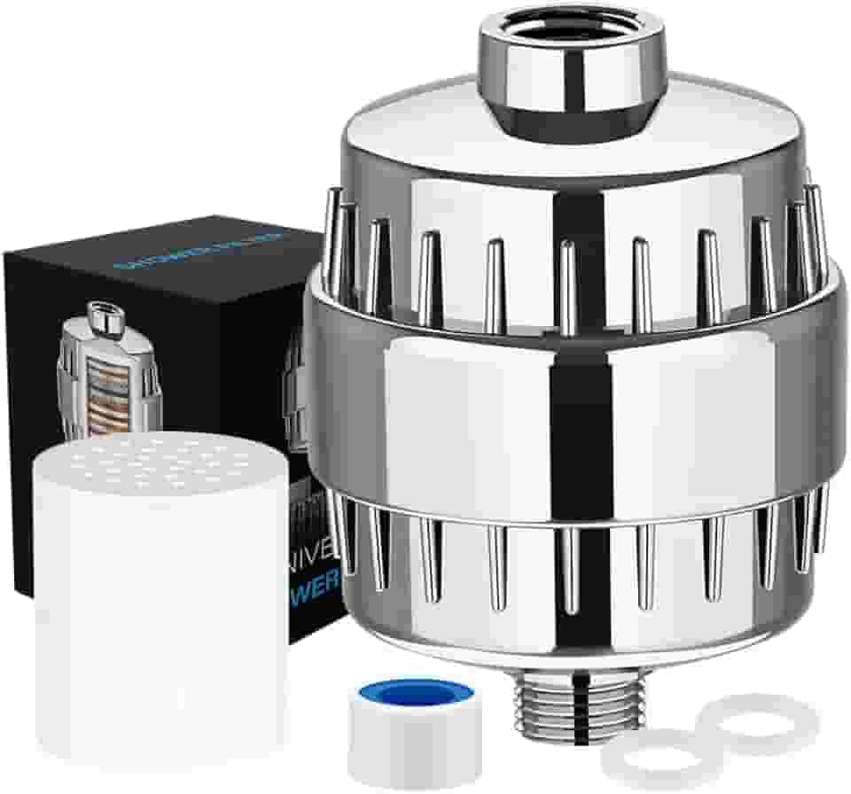 Filtro de Chuveiro com 20 Estágios, Remove Cloro, Flúor e Metais Pesados, Amaciante de Água para Cabelos, Alta Vazão com 2 Refis – Acabamento Cromado