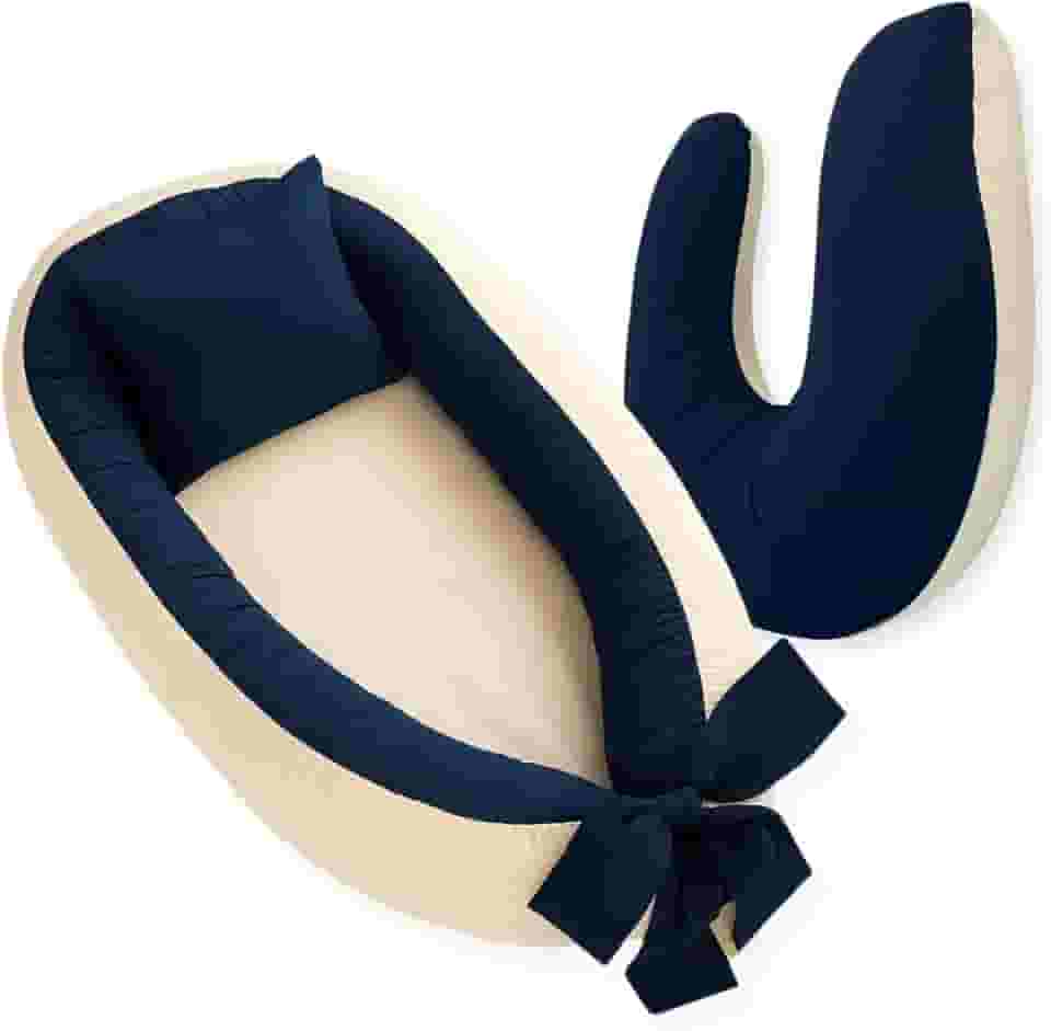 Kit Ninho Redutor de Berço e Almofada Amamentação Percal 400 Fios Cores Lisas (Marinho com Palha)