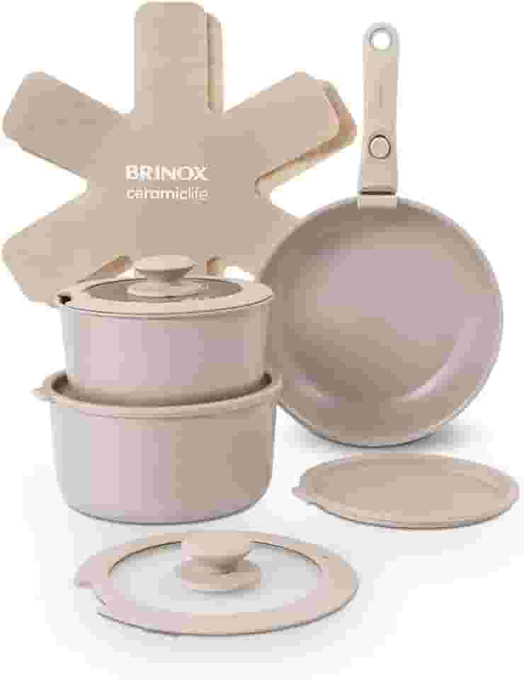 Brinox - Jogo de Panelas Antiaderente Ceramic Life 10 Peças Cabo Removível Fit - Areia
