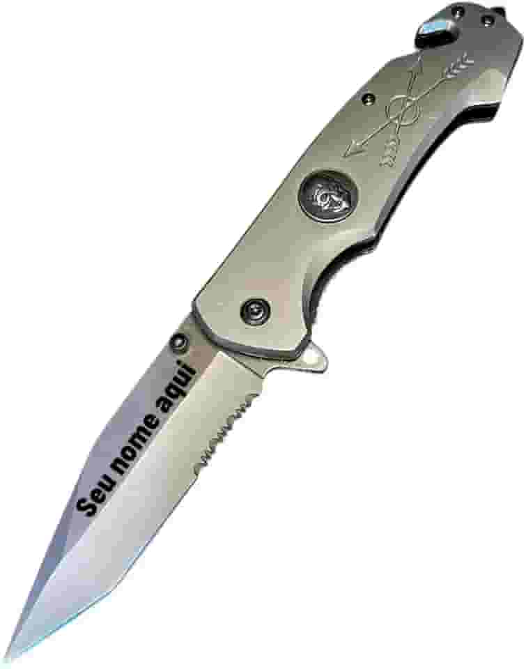 Canivete Tático Semiautomático com Gravação Personalizada, Lâmina em Aço Inox, Cabo em Metal Cinza