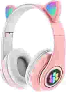 Fone de Ouvido Bluetooth 5.0 Orelha de Gato com LED, Microfone Integrado, Som Estéreo, Conexão Sem Fio e P2, Ajustável e Dobrável – (Rosa) D7 Store-