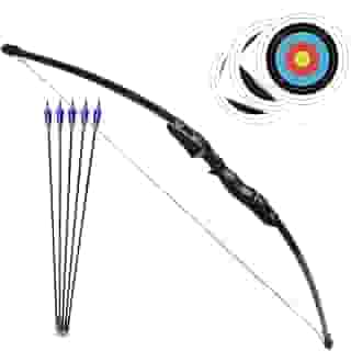 Kit Arco e Flecha Profissional Recurvo Empunhadura Destro de Madeira Preta Força de 40lbs + 5 Flechas com Ponta de Alumínio Para Tiro ao Alvo Treino Campeonato Treinamento Iniciante