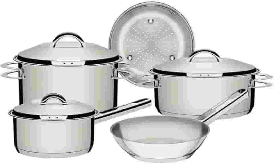 Jogo de Panelas Tramontina Solar em Aço Inox com Fundo Triplo e Tampas de Inox 5 Peças