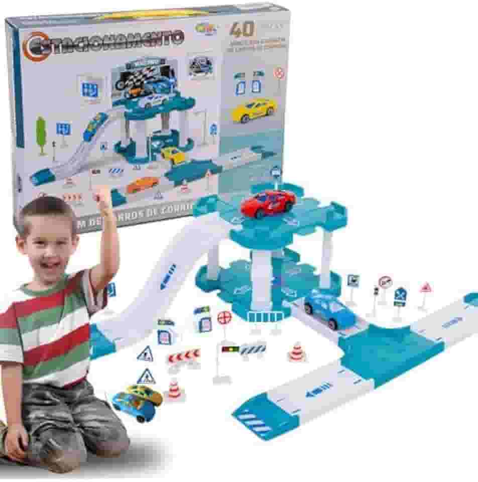 Pista de Carros de Corrida com Estacionamento, 40 Peças, Garagem de Brinquedo com Rampas e Acessórios WELLMIX