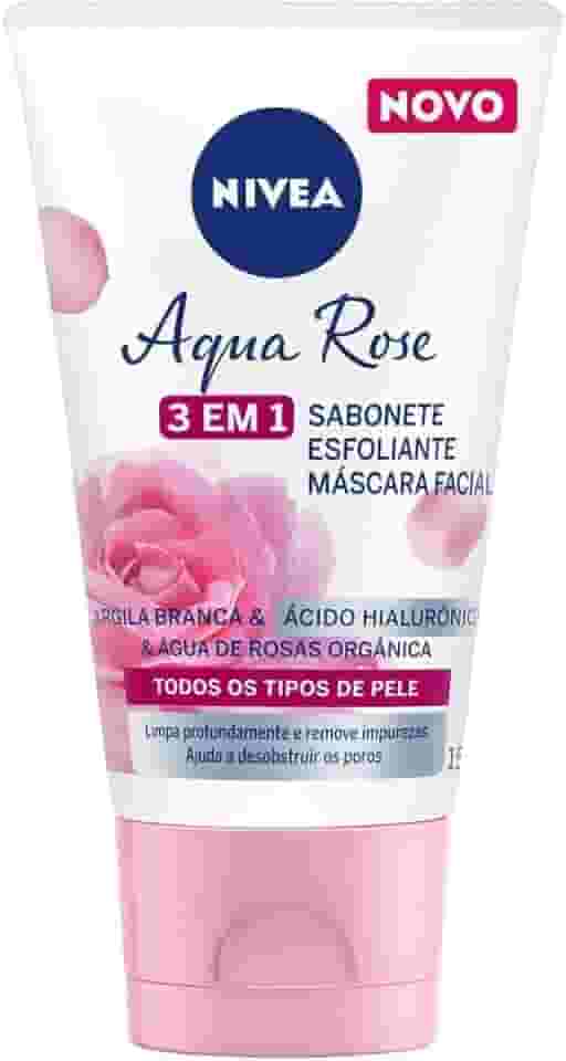 NIVEA Aqua Rose 3 em 1 150ml - Sabonete, Esfoliante e Máscara Facial - Com argila branca, ácido hialurônico e água de rosas orgânica, o sabonete tem benefícios antioxidantes e hidratantes