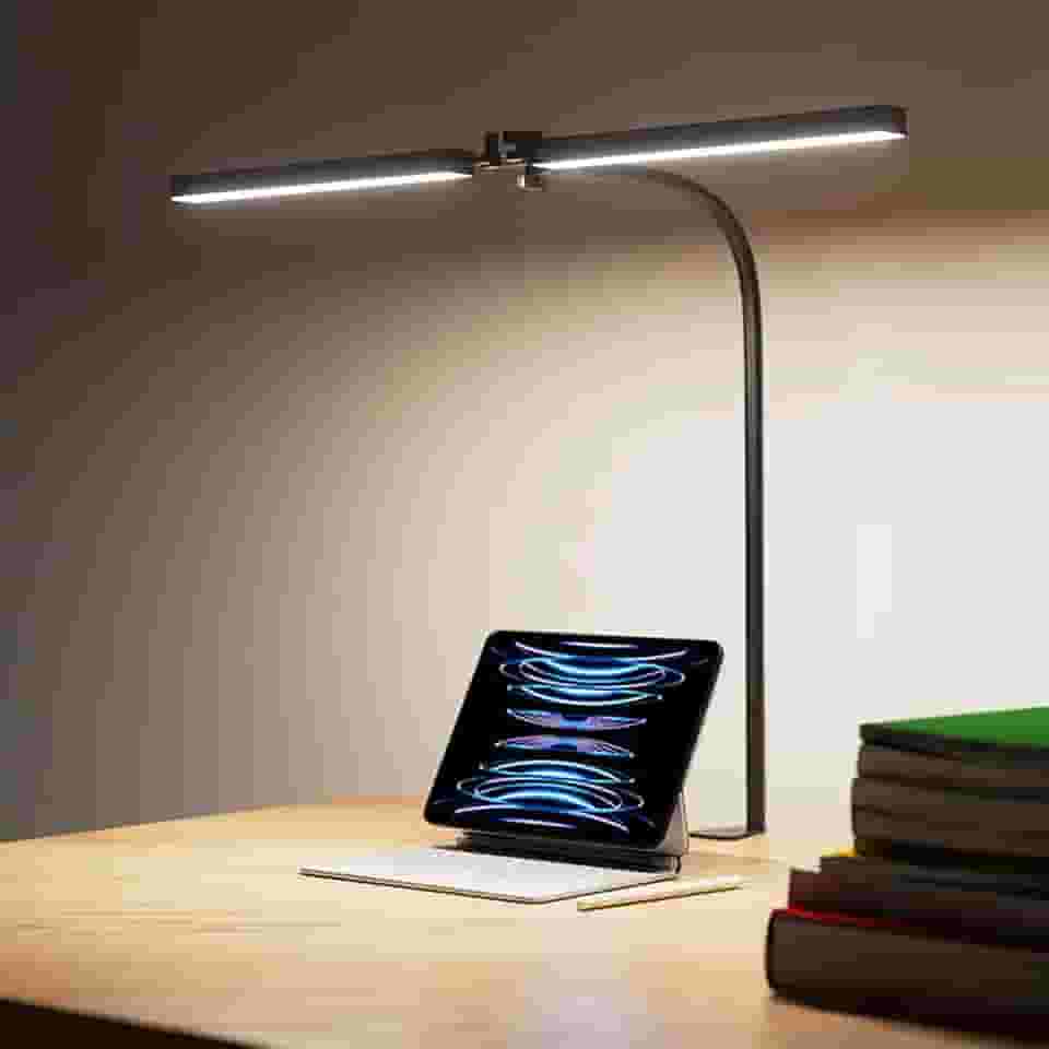 Luminária LED de Mesa para Escritório, 64cm, Luz Dupla, 3000K-6000K, 24W Alimentação USB, 10 Níveis de Brilho, Proteção Ocular, Preta