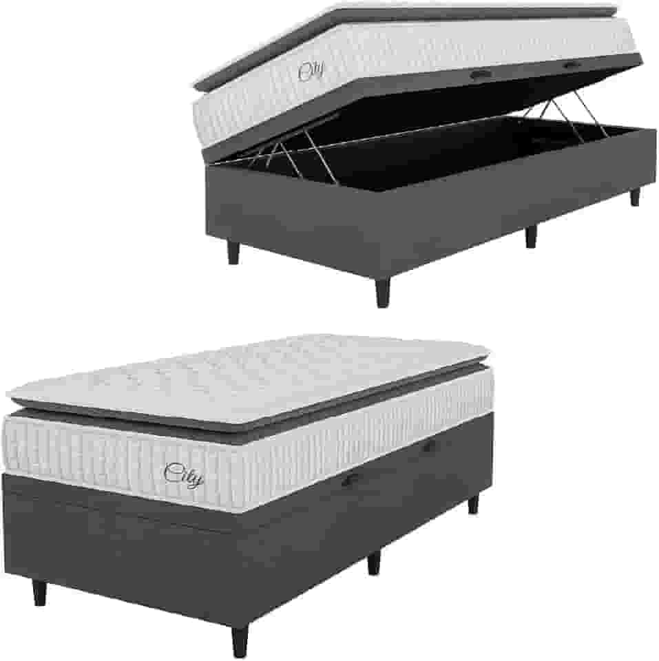 Cama Box Baú Colchão Solteiro Molas Ensacadas City Pillow Top 88x188x64cm Branco/Cinza Hellen - Suporta até 110kg por Pessoa