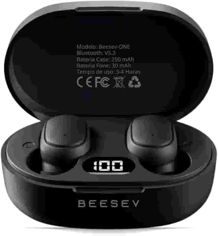 Fone de Ouvido Bluetooth 5.3 TWS Sem Fio Wireless Com Visor Graves Potente Compatível com iOS e Android, Beesev-ONE (Preto)