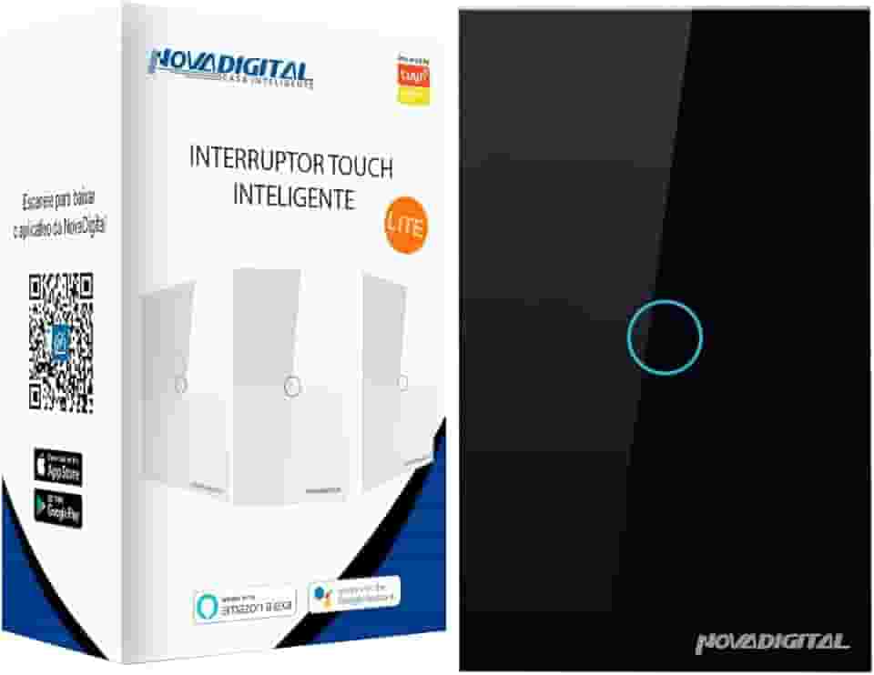Interruptor Inteligente Wi-Fi Nova Digital 1 Botão Touch LITE-WS1 Smart Home Google Home Alexa Automação Residencial Preto