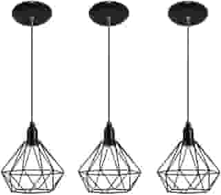 Pendentes Lustre Aramado Estilo Diamante, Kit Com 3 Peças, Preto, Cabo Ajustável de 1 Metros