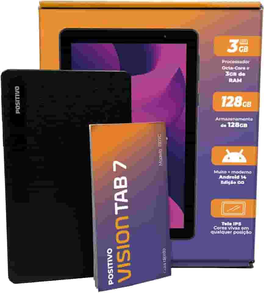 Tablet Positivo Vision TAB 7 3GB RAM 128GB Octa-Core Android 14 Go Wi-Fi - Tela 7” IPS – 3100mAh – Preto