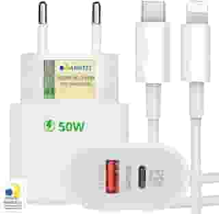 Carregador Turbo 50W + Cabo Compatível i.Phone - i.Phone X Xr 8 11 12 13 14 Plus Pro Max lPad, Duas Entradas USB e USBC, Fonte Tipo C + Cabo Lightnig - Kit Carregador Turbo 50W