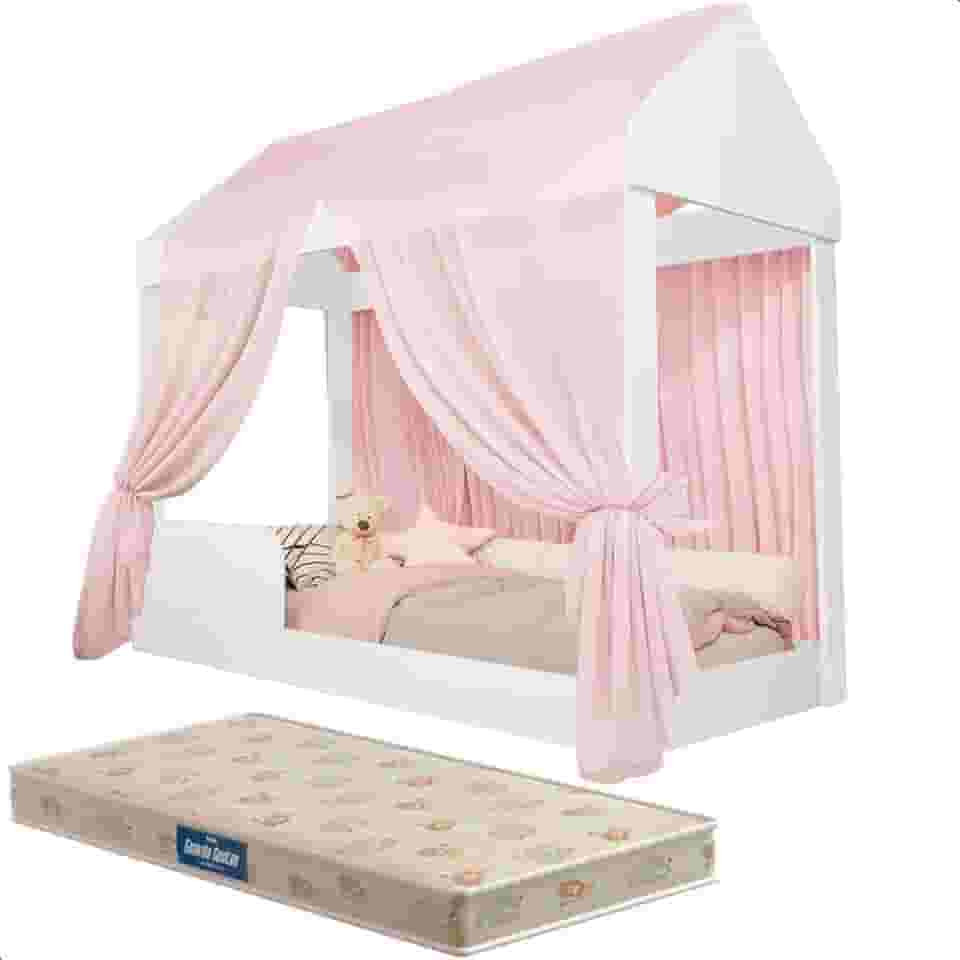 Cama Infantil com Colchão e Voal Rosa Montessoriana Crystal