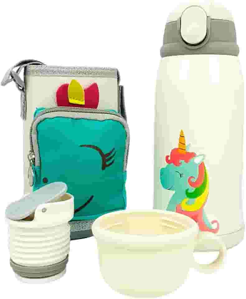 Garrafa Térmica Infantil Bebê Escola Parede Dupla Inox 550ML 2em1 +Suporte (BRANCA)