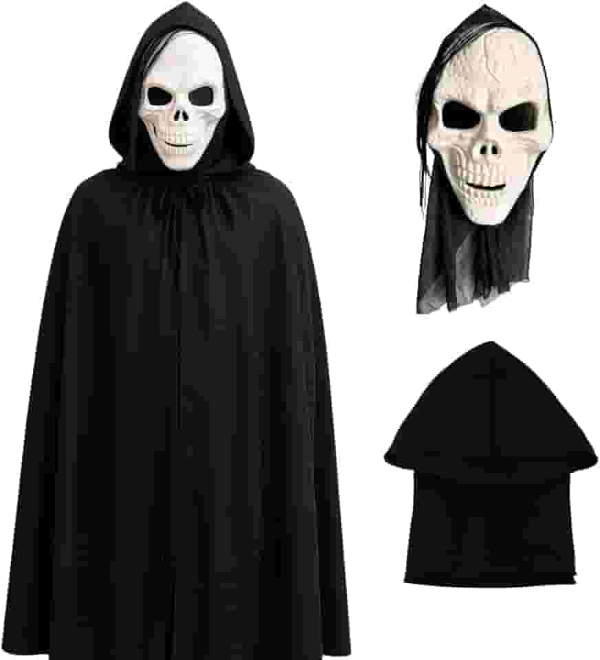 Fantasia Caveira Assustadora Halloween Máscara + Capa Preta