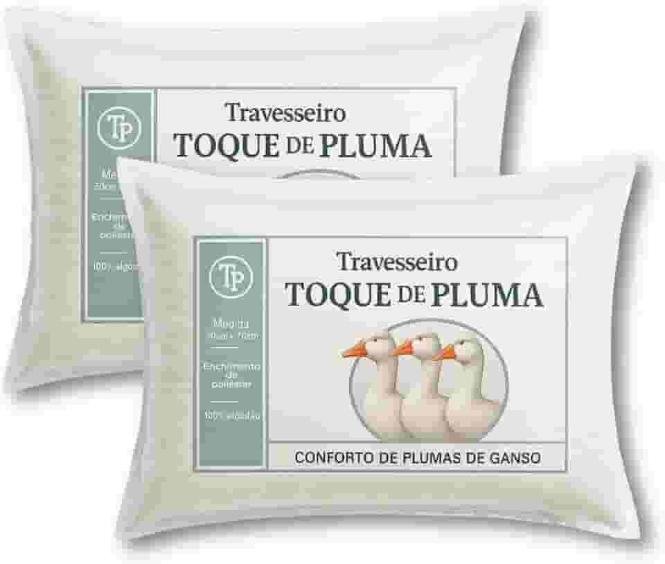 Kit 2 Travesseiro Toque de Pluma, 100% Algodão, Acabamento Sofisticado, Sensação Macia, 50x70cm, Abertura com zipér, Antialérgico, Toque de Pluma de Ganso, Modelo Hotel