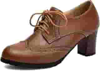 Sapato social feminino clássico bico redondo com cadarço Oxford salto alto bloco grosso vintage Brogues