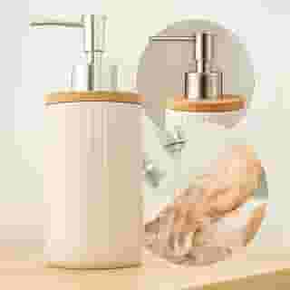 Dispenser de Sabonete Líquido 250ml em Cerâmica com Tampa de Bambu Pump Reforçado Recarregável Elegante para Banheiro Cozinha Lavabo Decoração Minimalista Durável Saboneteira Álcool Gel (Branco)