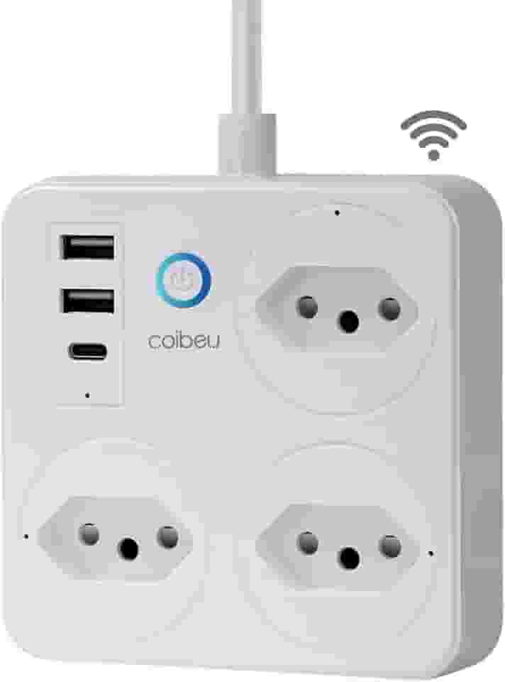 Filtro de Linha Branco Tomada Inteligente Tomada Wifi Extensão Inteligente Wifi Extensão Régua de Energia 3 Tomadas 2 Usb 1 Usb-C Controle pelo Celular