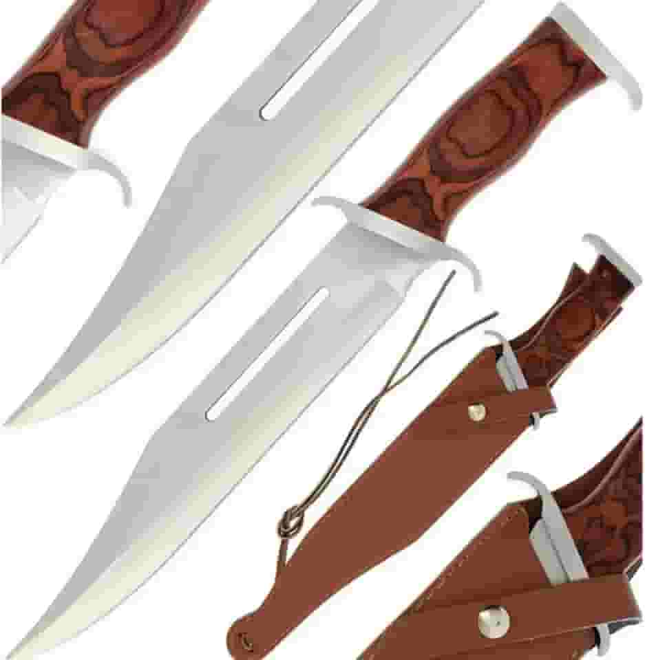 Faca Rambo Grande para Caça, Trilha, Pesca, Sobrevivência, em Aço Inoxidável com Bainha de Couro