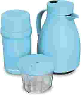 Kit Café para Bebidas, 3 Peças, Garrafa Térmica 500ml, Garrafa 250ml, Pote Dosador, 8h Quente/12h Frio, Portátil P/Casa Passeio Viagem (Azul)