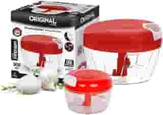 KIT Dois Processador de Alimentos Manual (500ml e 170ml) Ideal para triturar alho, cebola, verduras e frutas Sistema de lâminas triplas em aço inox (Vermelho)