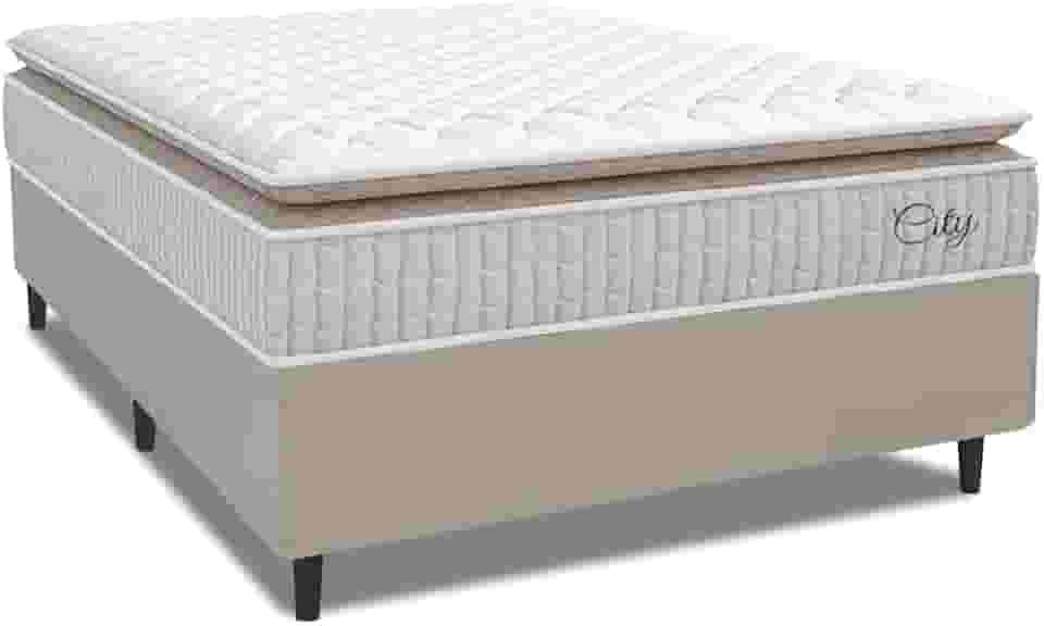 Cama Box Colchão Casal Molas Ensacadas City Pillow Top 138x188x61cm Branco/Bege Hellen - Suporta até 110kg por Pessoa