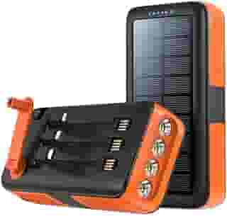 Banco de potência de carregamento solar de manivela, banco de potência portátil de 30000 mAh com 3 luzes LED de engrenagem, 3 cabos de carregamento Lightning, micro USB, tipo C (laranja)