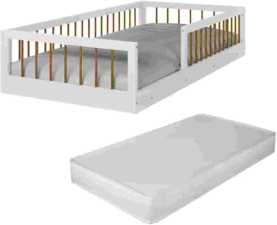 Cama Montessoriana Infantil Berço Grade De Proteção Quarto Da Criança Com Colchão Cor Branco/Nature