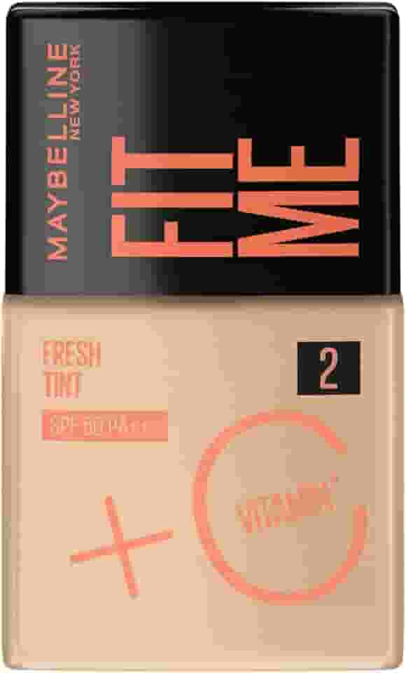 Maybelline NY Fit Me Fresh Tint Base Líquida, Proporciona Efeito Glow Natural, Controla a Oleosidade e Uniformiza a Pele com Vitamina C e FPS 50, Cor 02, 30ml