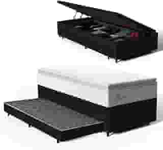 Bicama Box Baú Solteiro com Colchão de Molas Ensacadas Pillow Top Flora + Auxiliar Unique 88cm (Preto)