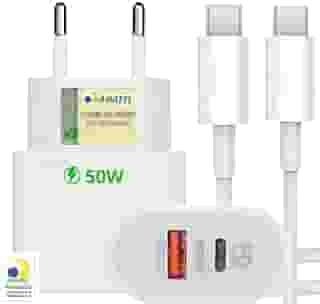 Carregador Turbo 50W + Cabo Tipo C, 2 Entradas USB e USBC, Carrega 2 Dispositivos, Turbo - Fonte e Cabo 50W, i.Phone 15, 16, 17, Galaxy, S.amsung, X.iaiomi, Android, Tecnologia Power Delivery
