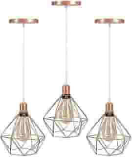 Kit 3 Lustre Pendentes Diamante Luminárias de Teto Cabo Regulável Modelo Diamante Rose Gold