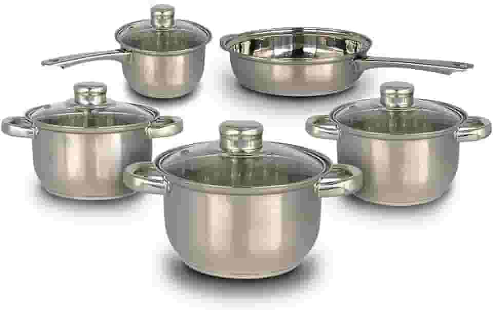 Conjunto de Panelas Inox 5 Peças com Tampa de Vidro – Panela, Caçarolas e Frigideira- Aço Inox