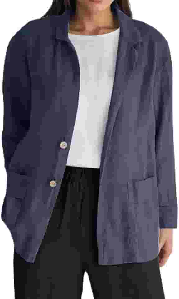 Blazer feminino leve, casual, de algodão, manga comprida, com botões, ajuste solto, para trabalho, escritório, com bolsos