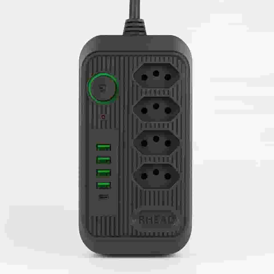 Tomada Régua de Energia 2500W com 5 Tomadas + 4 USB + 1 USB-C, Bivolt 110-220V, Proteção Contra Sobrecarga e Cabo Reforçado de 1,9m – Carregamento Rápido (Preto)