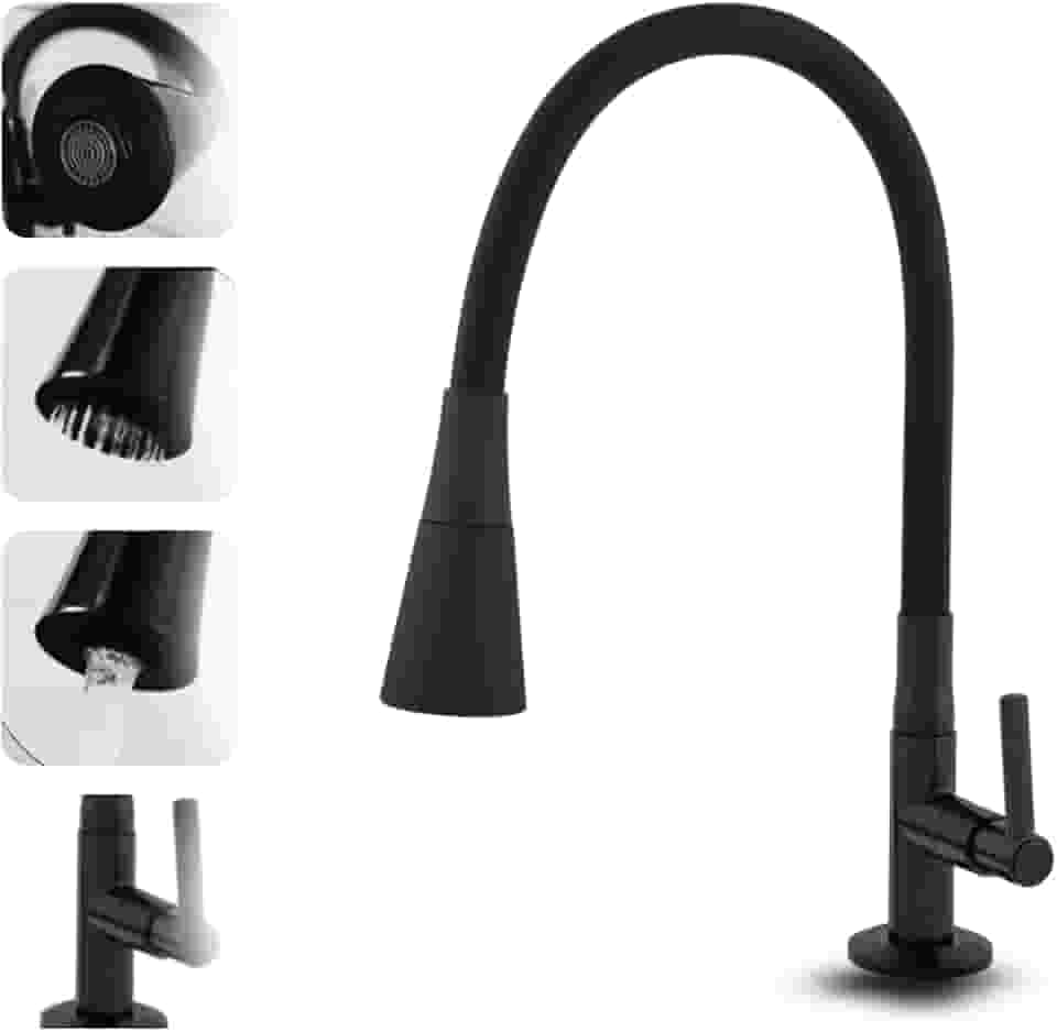 Torneira Gourmet para Bancada Cozinha, Flexível, Base Metálica, 2 Jatos, Preta MZcell