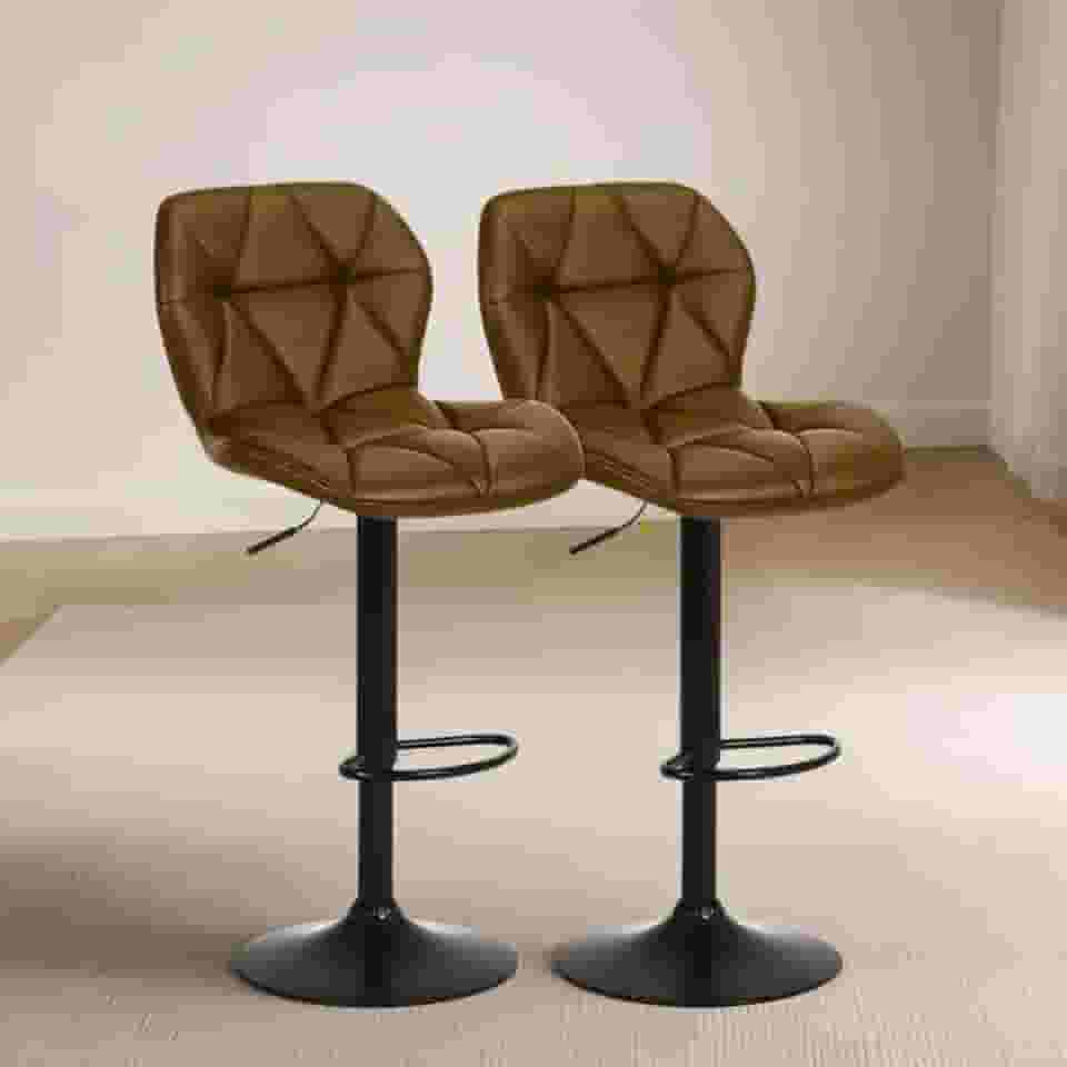 Banqueta Alta Ajustável com Encosto, Estofado em Couro Sintético Preto Bancada Giratória Duoffice DU75 Domus (2, Caramelo)