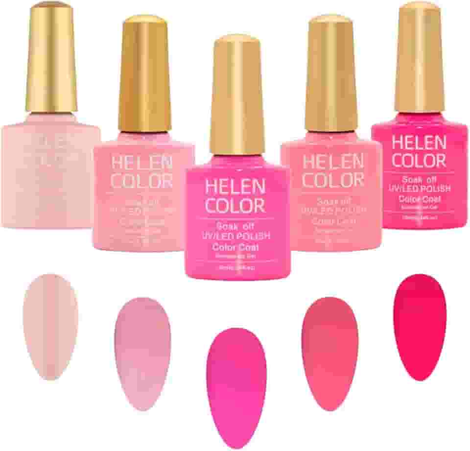 HELEN COLOR Kit 5 Esmaltes em Gel UV/LED Soak Off Brilhoso 10ml Cada Fórmula Profissional para Manicure Alta Durabilidade Secagem em Cabine (Rosa)