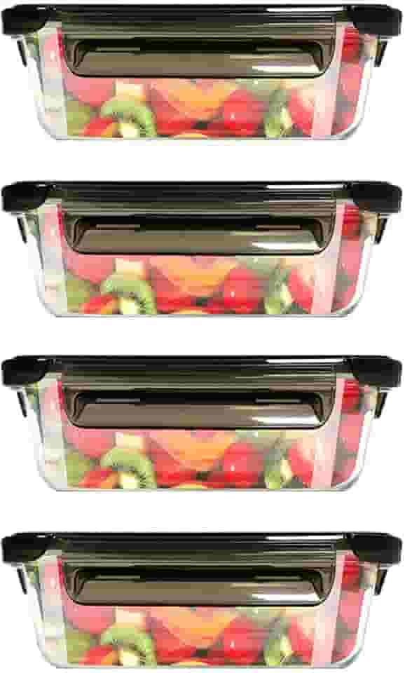 Kit 4 Potes de Vidro Hermético Retangular com Tampa, 680ml - Marmita para Comida com 4 Travas, Organizador Porta Frios e Mantimentos na Geladeira, Vai ao Microondas, Forno e Lava-Louças