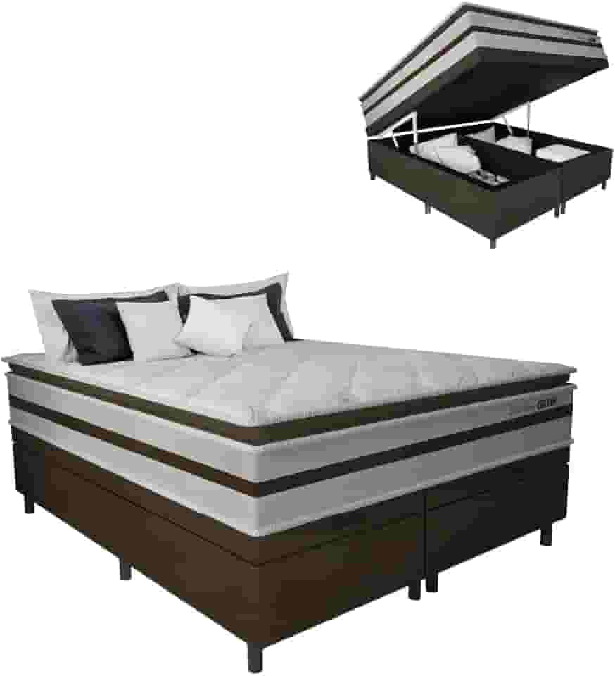 Cama Box Baú Casal King Gazin Colchão Molas Ensacadas Pillow Top Love Story 193x203x71cm Branco/Marrom - Suporta Até 120Kg Por Pessoa